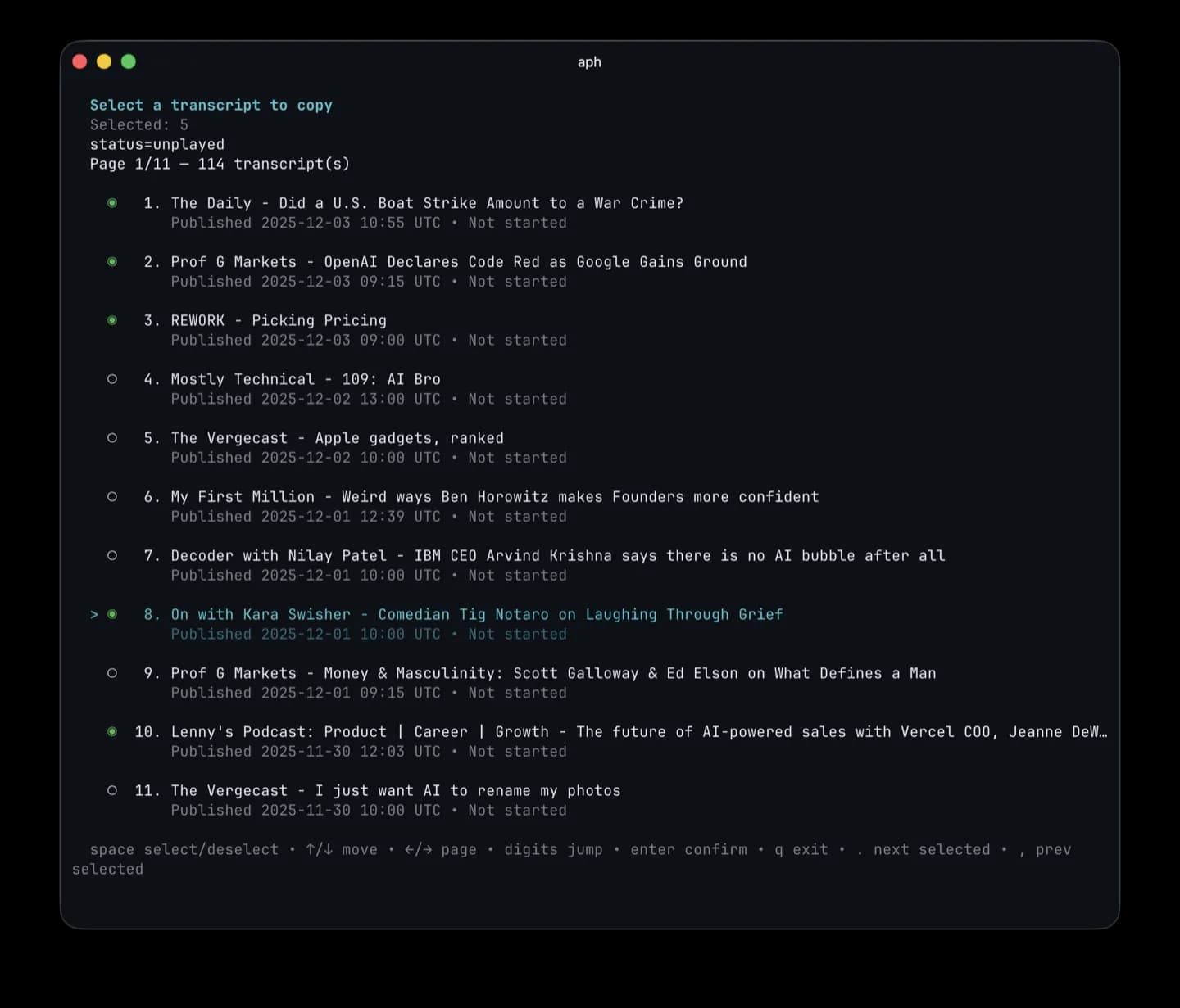 Interactive episode selector with Hard Fork highlighted and fuzzy search results.