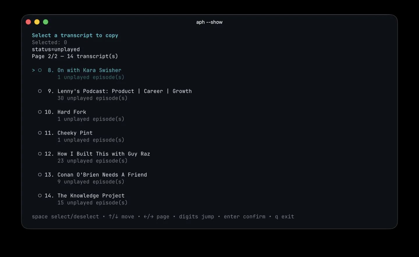 Show selector listing stations and shows inside the Apple Podcast Helper CLI.