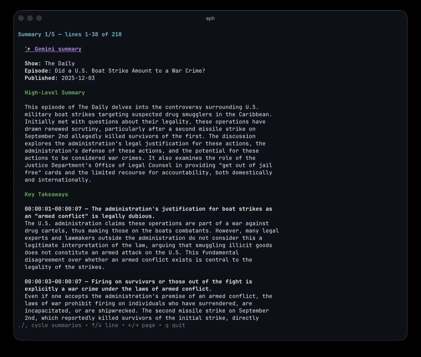 Interactive summary viewer showing takeaways and notable quotes with timestamps.